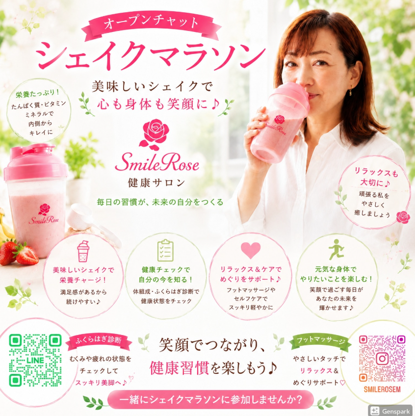 SmileRose健康サロン オープンチャット シェイクマラソン|おいしいシェイクで心も体も笑顔に